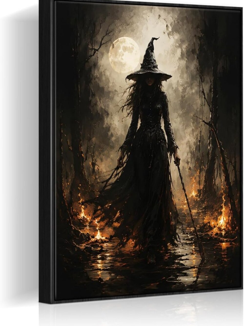 Spooky Halloween Wall Art - Dark Witch Canvas Print in Moonlit Forest Decor